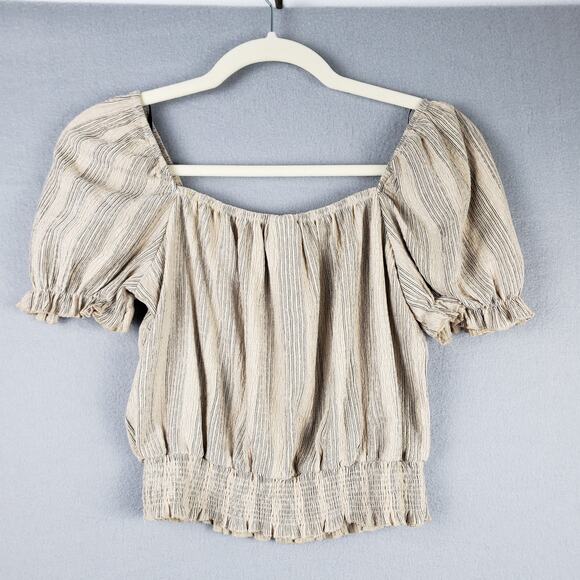 Puff Sleeve Smocked Peasant‎ Blouse Beige Stripe Neutral Boho Festival Size XS - Picture 6 of 8